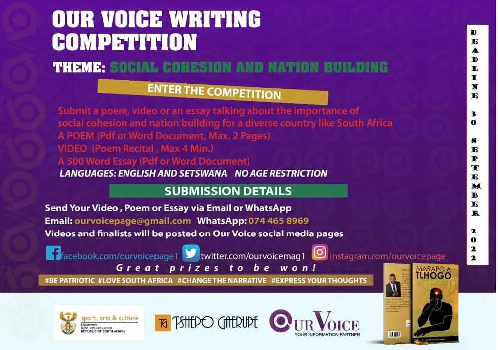 Our Voice Writing Competition poster: theme social cohesion and nation building